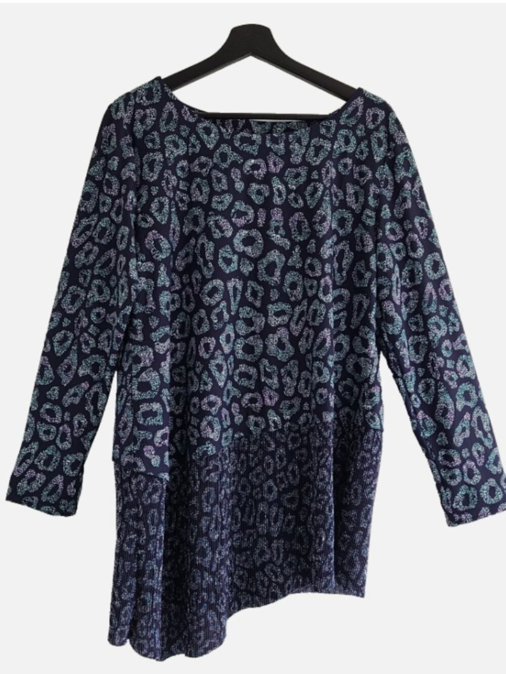 Blue Animal Print Asymmetric Tunic Top LP Petite QVC LS Slinky Casual Travel